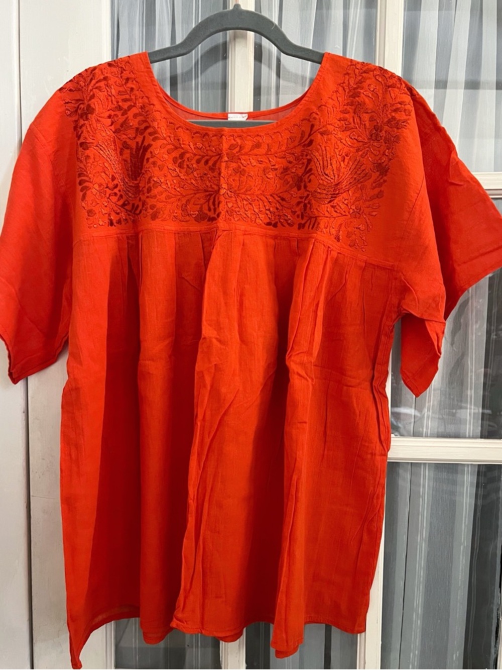 MEXICAN Orange Embroidered Peasant Blouse L/XL